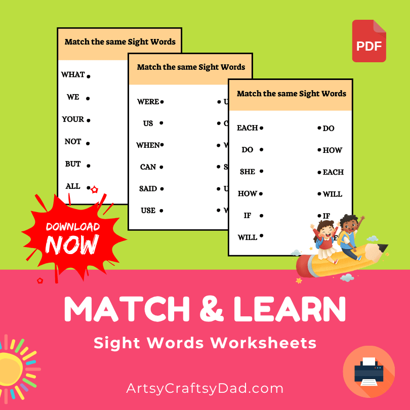 Match and Learn Sight Words Worksheet for Kindergarten