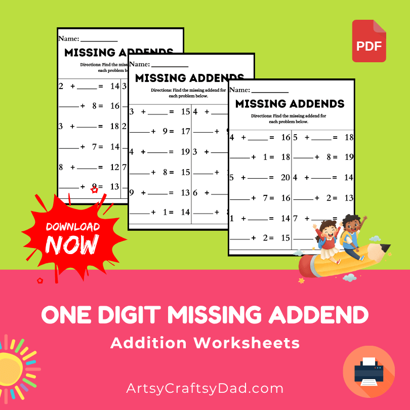 One-Digit Missing Addend Addition Worksheet for 1st Grade