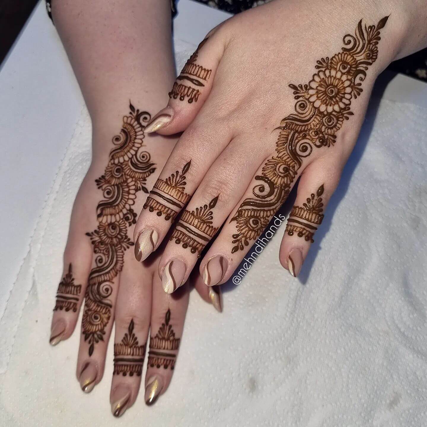 Floral Back Hand Mehndi Design with Elegant Swirls and Bold Finger Bands