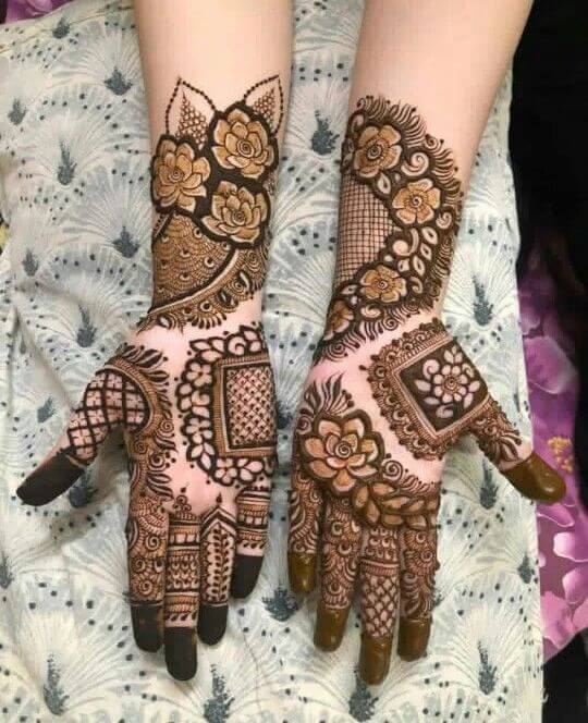 Elegant Full Hand Mehndi with Floral, Grid, and Paisley Patterns