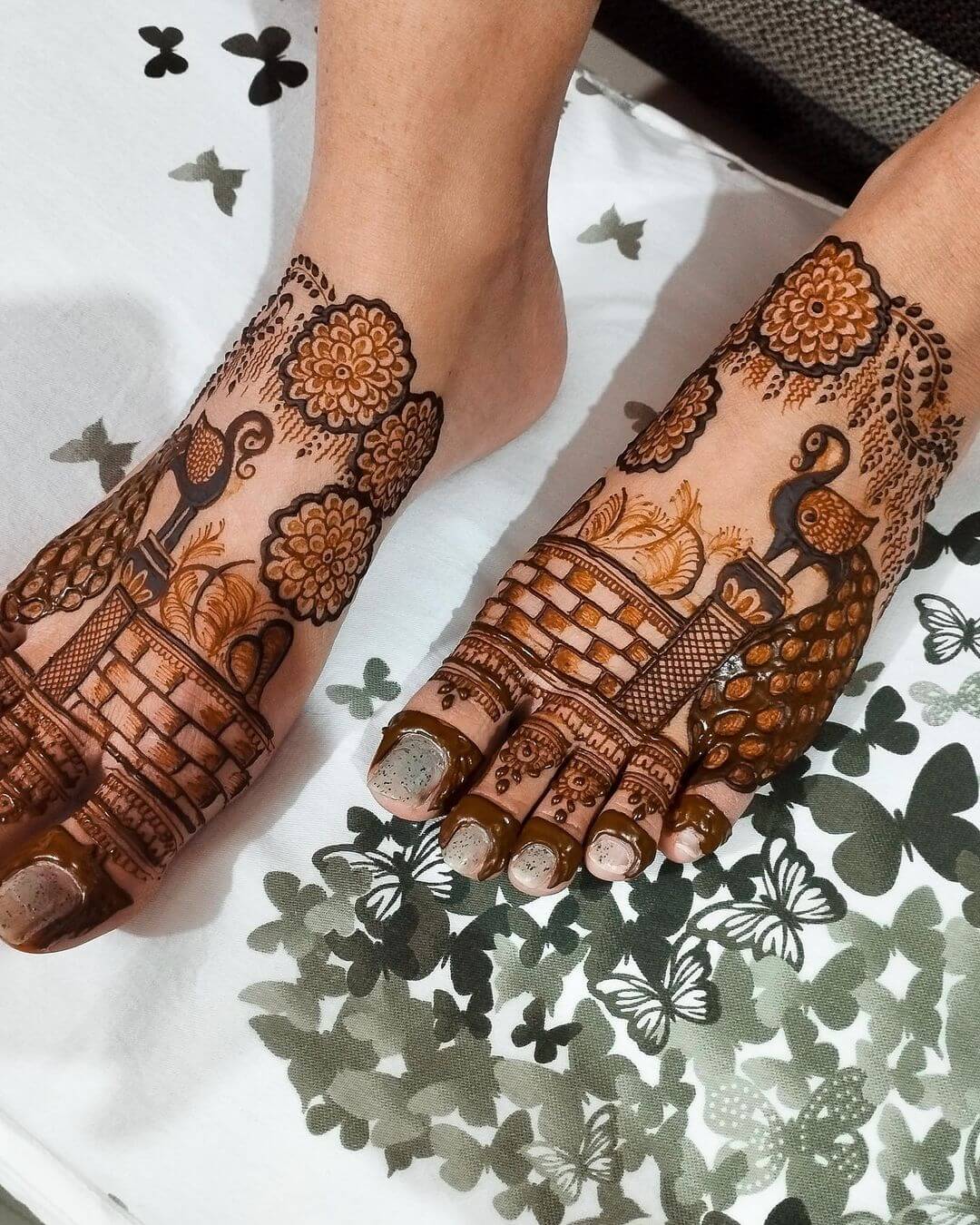 Floral & Bird Mehndi Design for Feet: Traditional Artistry in Henna Tattoo