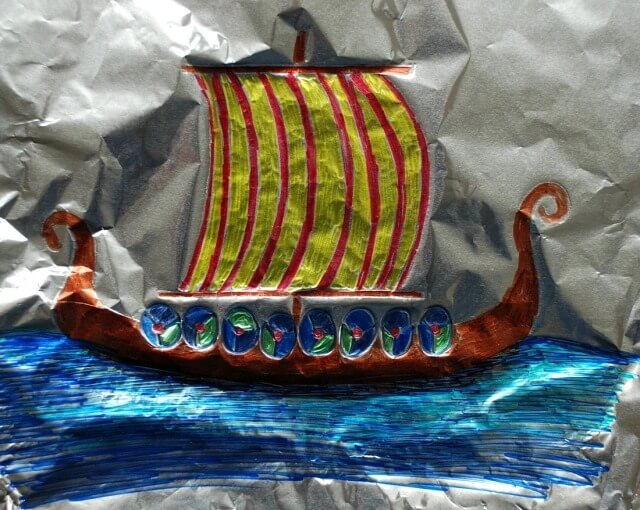 Adorable Viking Longship Drawing Art Activity For Kids Using Tin Foil - Using aluminum foil for artistic activities for preschoolers