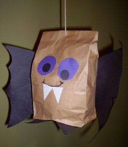 Fun to Make Halloween Bat Hanging Decoration Idea Using Paper Bag, Construction Paper & Yarn - Utilizing Halloween Paper Bags for Art