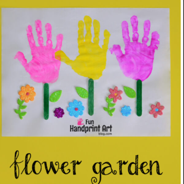 Handprint Tulips Flower Garden Craft Idea Using Popsicle Sticks, Paper, & Flower Stickers - Arts and Crafts with Popsicle Sticks