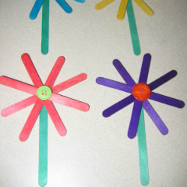 Very Simple Popsicle Sticks Flower Craft Using Colorful Buttons - Ideas for Arts and Crafts using Popsicle Sticks 