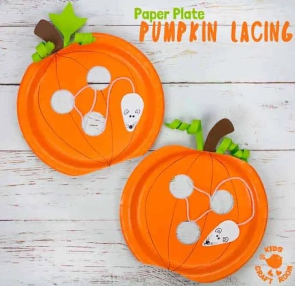 Adorable Scary Pumpkin Lacing Decoration Craft Using Paper Plate, Cardstock, Marker Pen & Sticky Tape - Creative pumpkin-forming ideas for little ones