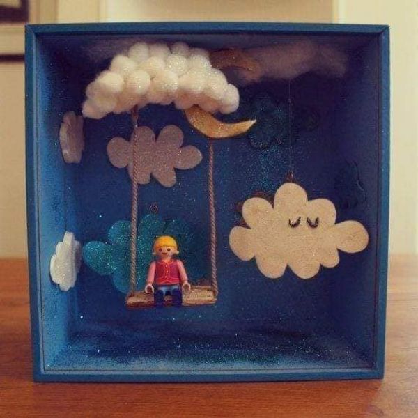 Adorable Swing Craft Activity With Clouds In Blue Cardboard Box - Home-Based Craft Tasks for Kids That Are Easy to Make