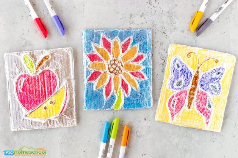 Apple, Flower & Butterfly - Lovely Tin Foil Art Activity Using Cardboard & Sharpies Markers - Artistic endeavors with tin foil for pre-schoolers.