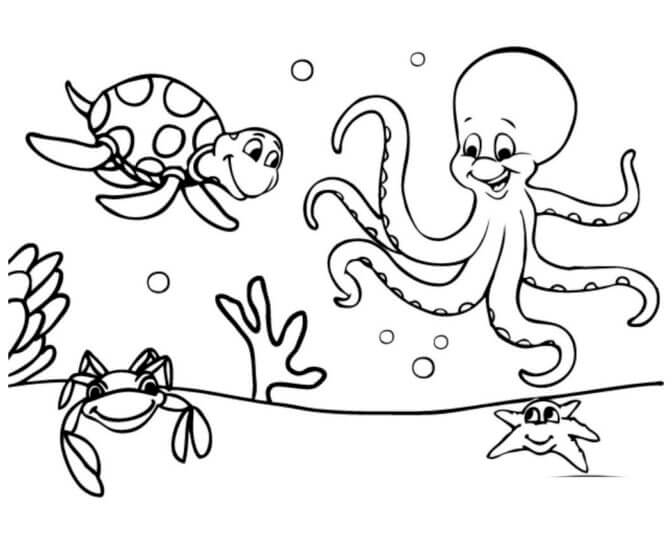 Awesome Octopus And Turtle Sea Animal - Get free coloring pages for children featuring Sea Animals.