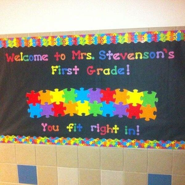 Back To School Bulletin Board Decorate Using Colorful Puzzles & Ribbons - Rainbow Decorations for the School Bulletin Board