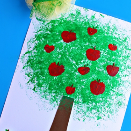 Beautiful Apple Tree Art Activity With Pouf Sponge On Paper - Making Apple Art for Harvest Festivals & the Fall Season 