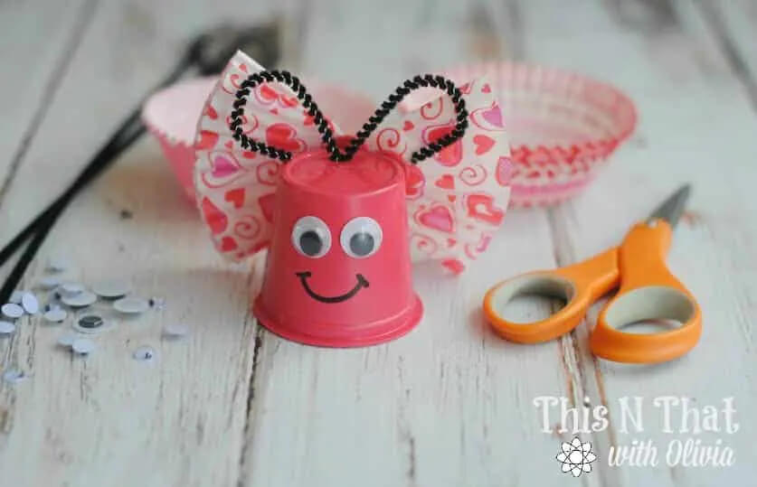 Beautiful Butterfly Craft With Small Paper Cup, Googly Eyes, Black Marker, Pipe Cleaners & Ribbon - Miniature Paper Cup Creations