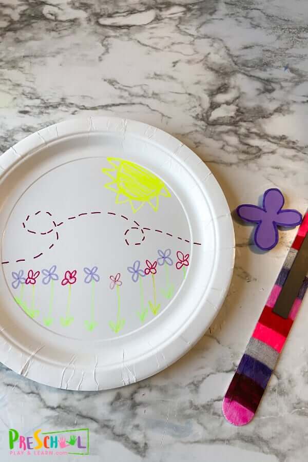 Beautiful Magnetic Maze Spring Activity On Paper Plate Using Markers, Foam Piece & Popsicle Sticks - Crafting Magnet Activities at Home for Kids 