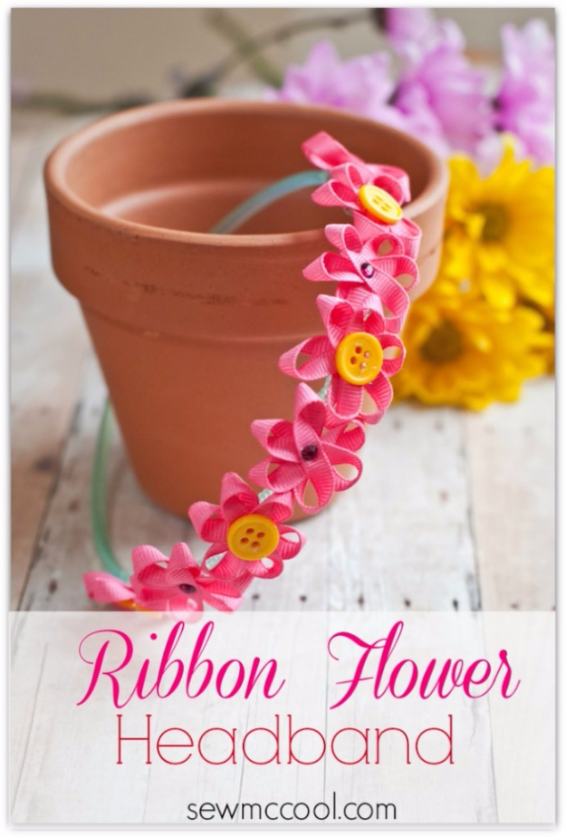 Beautiful Ribbon Flower Headband Craft Tutorial Using Pink Fabrics & Buttons - Entertaining Do-It-Yourself Projects and Activities to Do With the Children 