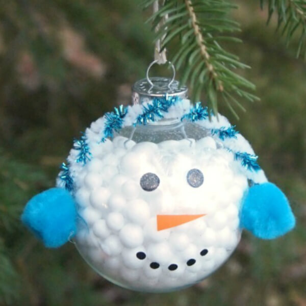 Beautiful Snowman Ornament Craft Made With Clear Bulbs, Small Styrofoam Balls, Pipe Cleaners & Pom Pom - Creating Homemade Christmas Ornaments for Little Ones