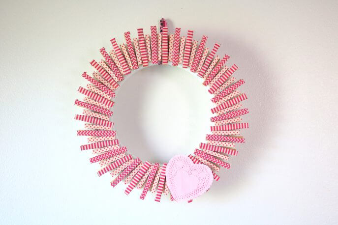 Beautiful Valentine's Day Wreath Craft Idea Using Clothespins, Washi Tapes & Pink Heart Doily Paper - Transform an Ordinary Object with Washi Tape