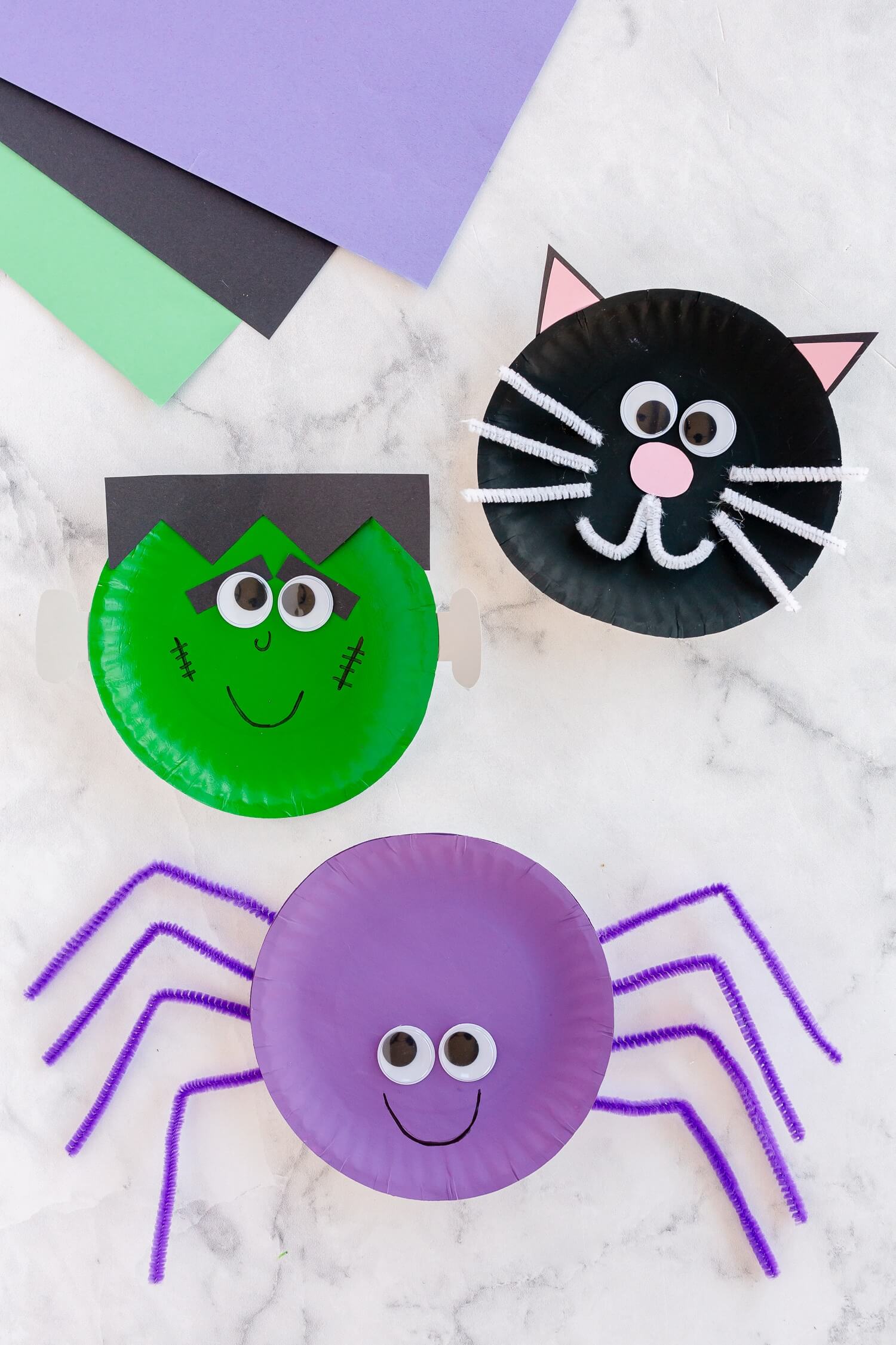 Black Cat, Spider & Frankenstein - Halloween Paper Plate Craft Activity For Kids - Crafting with Halloween paper plates is a great activity for preschoolers.