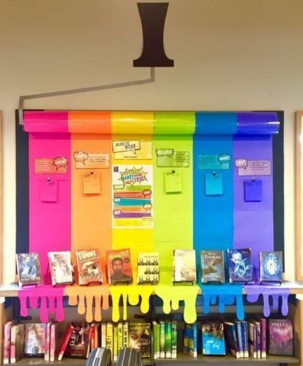 Bookshelves Bulletin Board Decorate In Rainbow-Themed Colors - Ways to Decorate a Bulletin Board with a Rainbow Theme in the Classroom