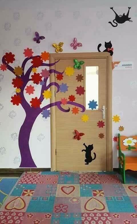 Butterflies And Colorful Tree  - Back To School Decoration Artwork Idea For Preschooler Students - Adorning the doorway for a kindergarten classroom. 