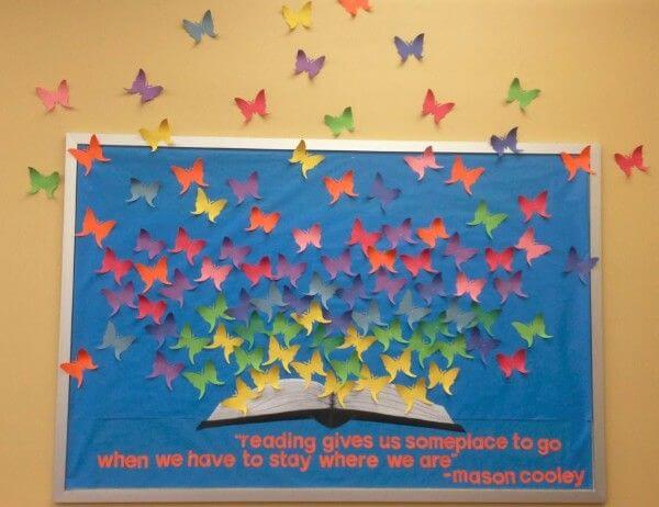 Butterflies Flying Out Of A Book - Awesome Rainbow Bulletin Board Idea For School - Ideas to Adorn a Bulletin Board with a Rainbow Theme for Classroom Use