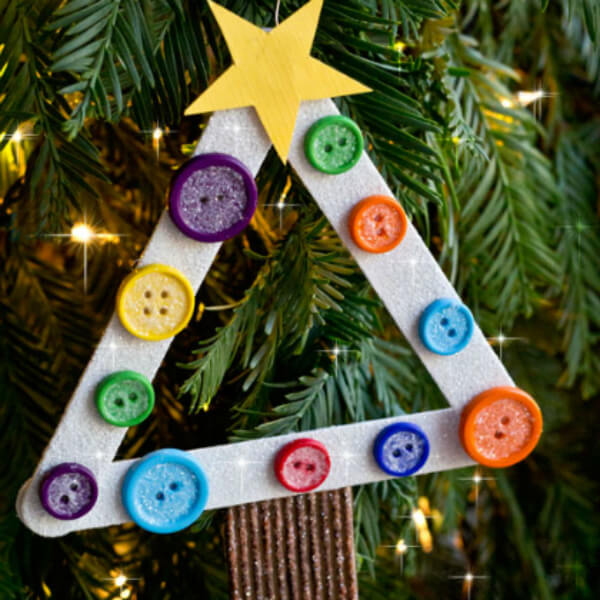 Christmas Tree Ornament Decoration Craft With Popsicle Sticks, Buttons & Paper Star - Making Christmas Decorations for Children