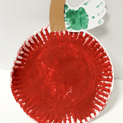 Cinnamon Painted Paper Plate Apple Craft With Handprint Leaf - Artistic Projects Using Apples for Harvest Gatherings 