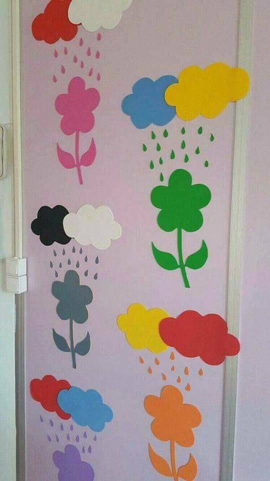 Colorful Flowers & Rain Door Decoration Idea For Front Door - Making the doorway of a kindergarten classroom cheerful. 