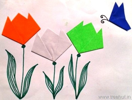 Colorful Tulip Paper Flower Craft Activity With Paper Butterfly Using Markers - Fun Celebrations for Indian Kids on Independence Day
