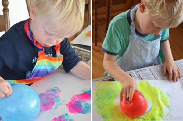 Creative Bouncy Balloon Painting Art Idea On Paper With Colors - Fun indoors with balloons for preschoolers