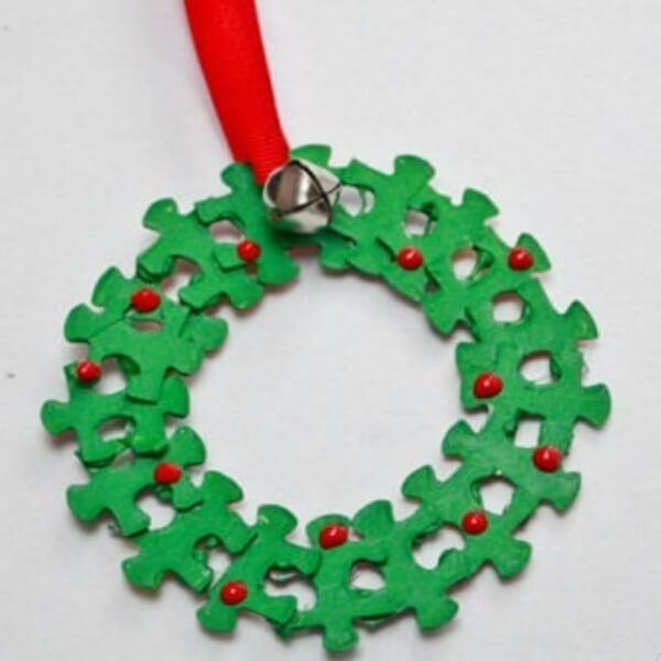 Creative Puzzle Pieces Wreath Craft Activity With Jingle Bell, Red Beads & Ribbon - Designing a Christmas Wreath on your own