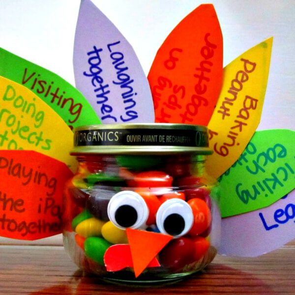 Cute Candy Treat Jar In Turkey Shape Using Making Of Paper Feathers & Googly Eyes - Enjoyable Tasks for Toddlers to Express Gratitude 