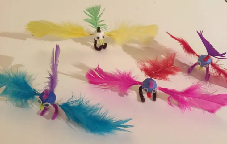 Cute Feathered Birds Craft Made With Foam Balls, Pipe Cleaners & Googly Eyes - Kids' Feather Projects