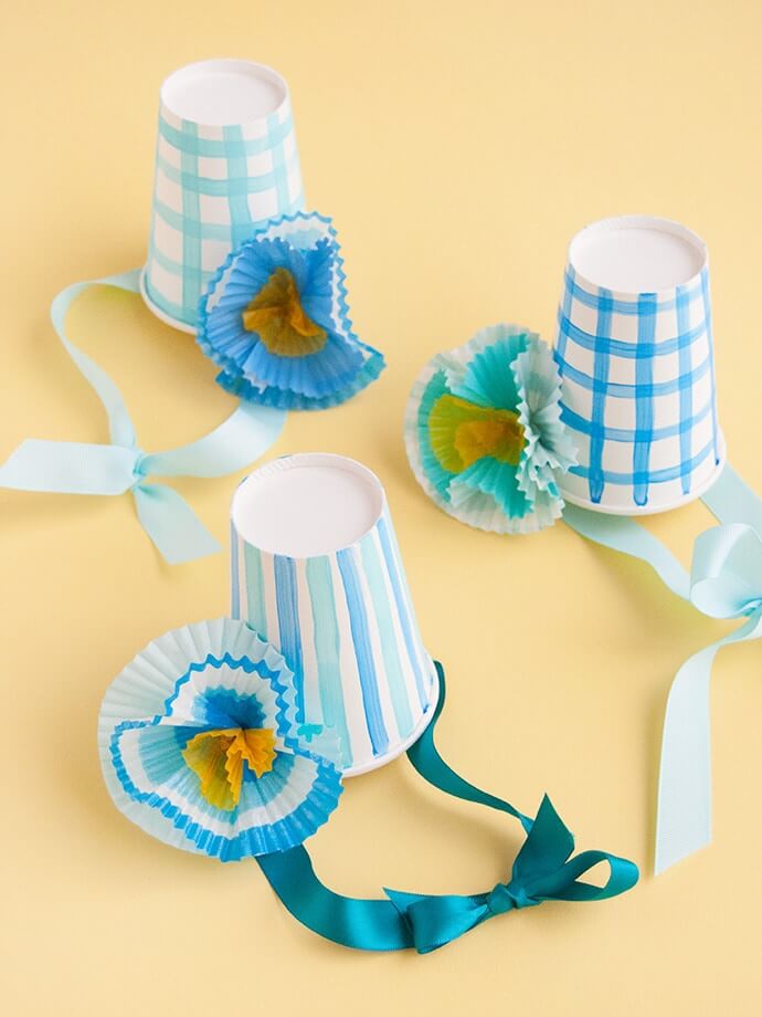 Cute Floral Party Hats Craft Made With Paper Cups, Cupcake Liner & Ribbon - Small-Scale Paper Cup Construction