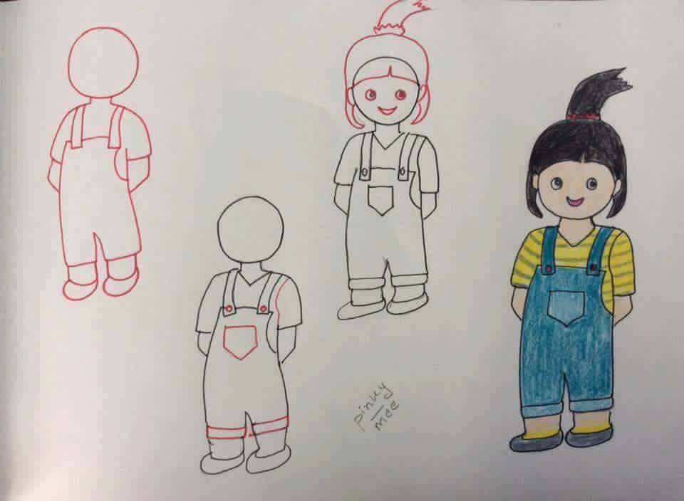 Cute Girl Drawing Idea With Dungaree Outfit - Fun Illustrations for Little Ones 