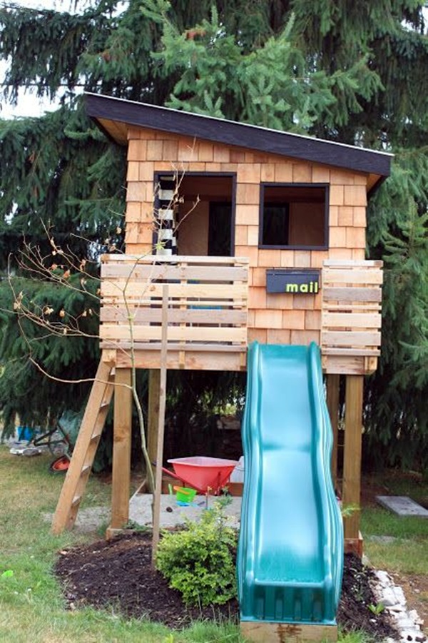 Cute Little Treehouse Activity With a Staircase and Slide - Smart outdoor entertainment and game plan for children.