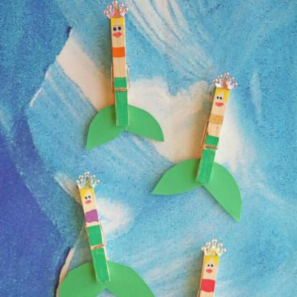 Cute Mermaid Crafts Made With Wooden Clothespins, Green Cardstock Paper, & Paint - Compelling Clothespin Arts and Crafts for Kids 