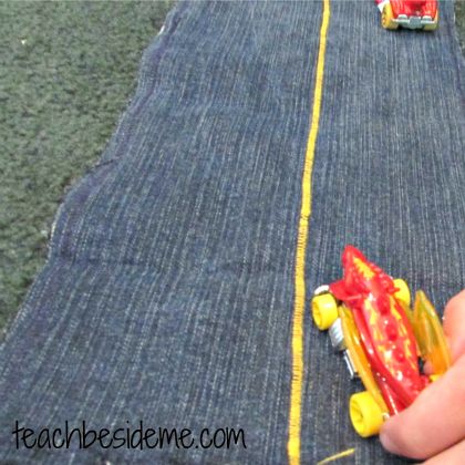 Denim Scrap Fabric Roads Activity For Cars & Trucks - Experiencing fun together when the little ones are in school