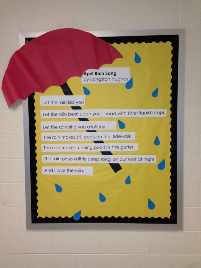 Displaying April Rain Song On Bulletin Board With Paper Umbrella & Some Rain Drop - How to Utilize Bulletin Boards in Libraries