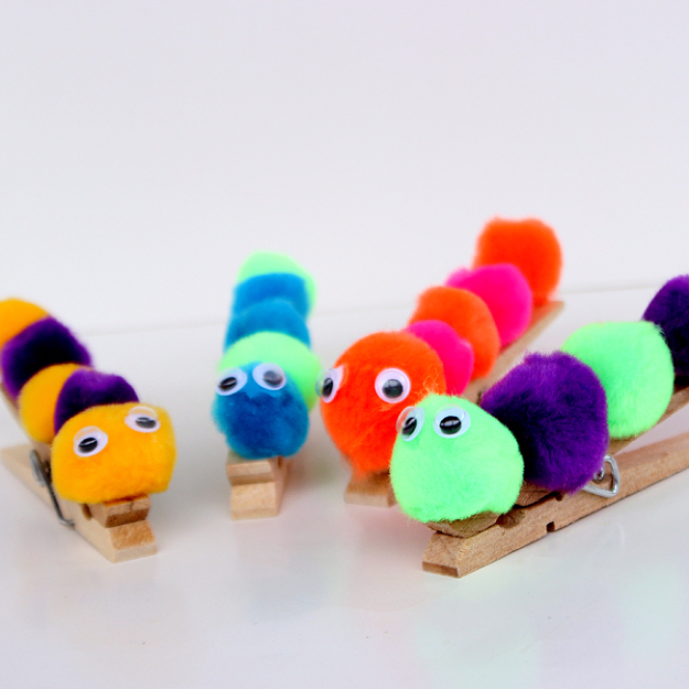 DIY Clothespin Caterpillar Craft Made With Colorful Pom Pom & Googly Eyes - Stimulating Handmade Activities & Ideas to Engage the Kids