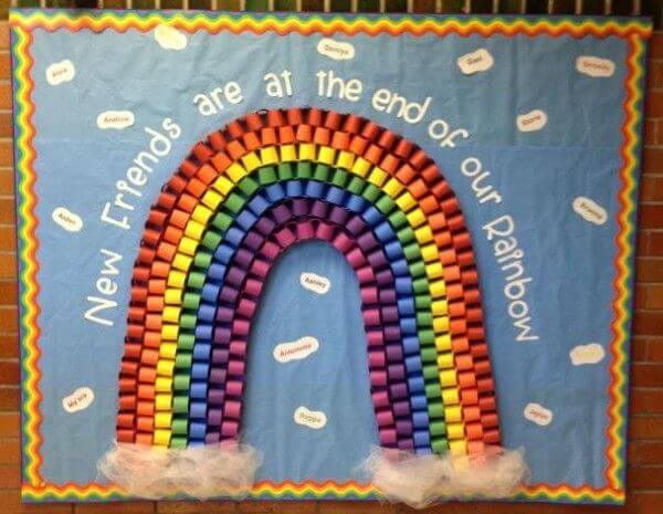 DIY Rainbow Bulletin Board Made With Paper Quilling Techniques, Colorful Ribbons & Cotton - Creative Suggestions for Adorning a Rainbow-Themed Bulletin Board within a Classroom