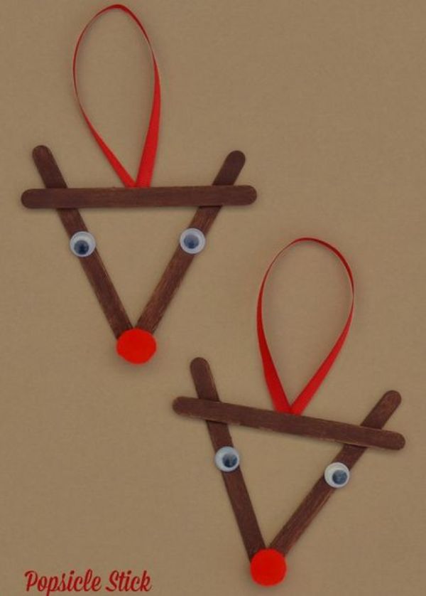 DIY Rudolf Popsicle Stick Craft Using Ribbon, Googly Eyes, Pom Pom - Simple Xmas Arts and Crafts with Popsicle Sticks for Kids - Winter Fun