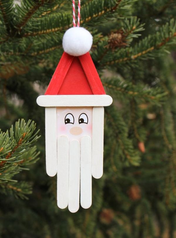 Santa Ornaments Decoration Craft Using Popsicle Sticks & Pom Pom - Simple Popsicle Stick Winter Crafts for Children - Holiday Projects 