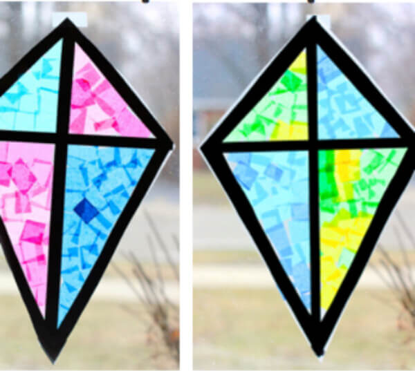 DIY Stained Glass Kite Window Decoration Made With Black Construction Paper, Clear Contact Paper & Colorful Tissue Paper - Homemade Kite Assignments For Preschoolers