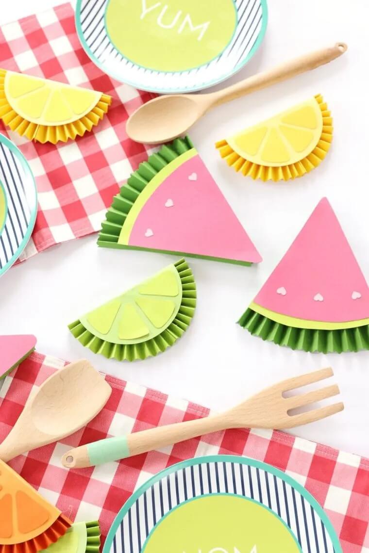DIY Summer Fruity Paper Medallions Craft Using Colorful Cardstock, Wooden Spoons, Popsicle Sticks & Heart Shaped Stickers - Creating paper-based projects for seniors