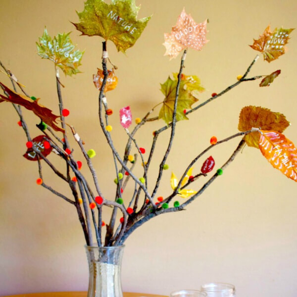 DIY Thanksgiving Thankful Tree Craft With Twig Branches, Pom Pom, Vase & Paper Leaves - Imaginative Projects for Young People to Exhibit Gratitude 