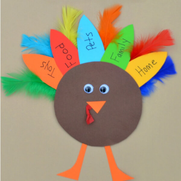 DIY Turkey Craft Made With Cardstock, Colorful Paper, Colorful Feathers, Black Marker & Googly Eyes - Creative Activities to Help Kids Express Gratitude