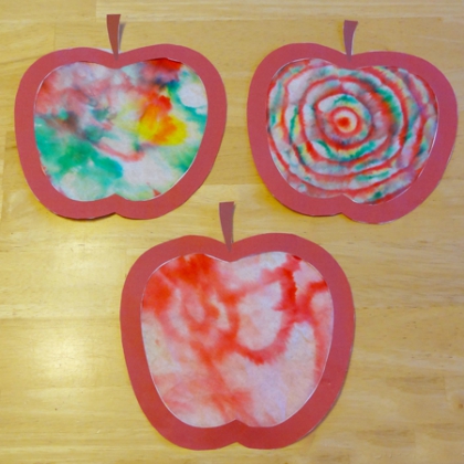 Easy Apple Artwork Activity with Coffee Filter, Water Filled Spray Bottle, Red, Green, and Yellow Colored Markers - Easy Apple Arts & Crafts for Harvest Fests & Autumn 