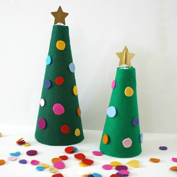 Easy Christmas Tree Decoration Activity With Styrofoam Cones, Green Felt, Colorful Scraps & Gold Paper Star - Crafting Christmas Tree Strategies
