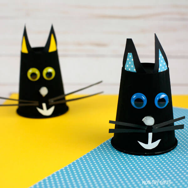 Easy Paper Cup Black Cat Crafts With Glowing Noses - Effortless Paper Cup Animal Projects