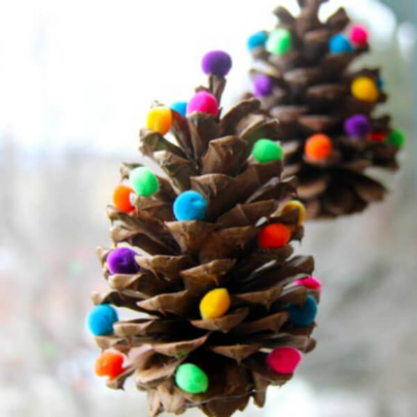 Easy Pinecone Ornament Decoration Craft With Colorful Pom Pom - Hand-Making Christmas Ornaments for the Kids